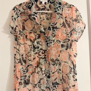 Charter Club 100% Silk Floral Button Front Blouse Size 12 Lightweight Sheer